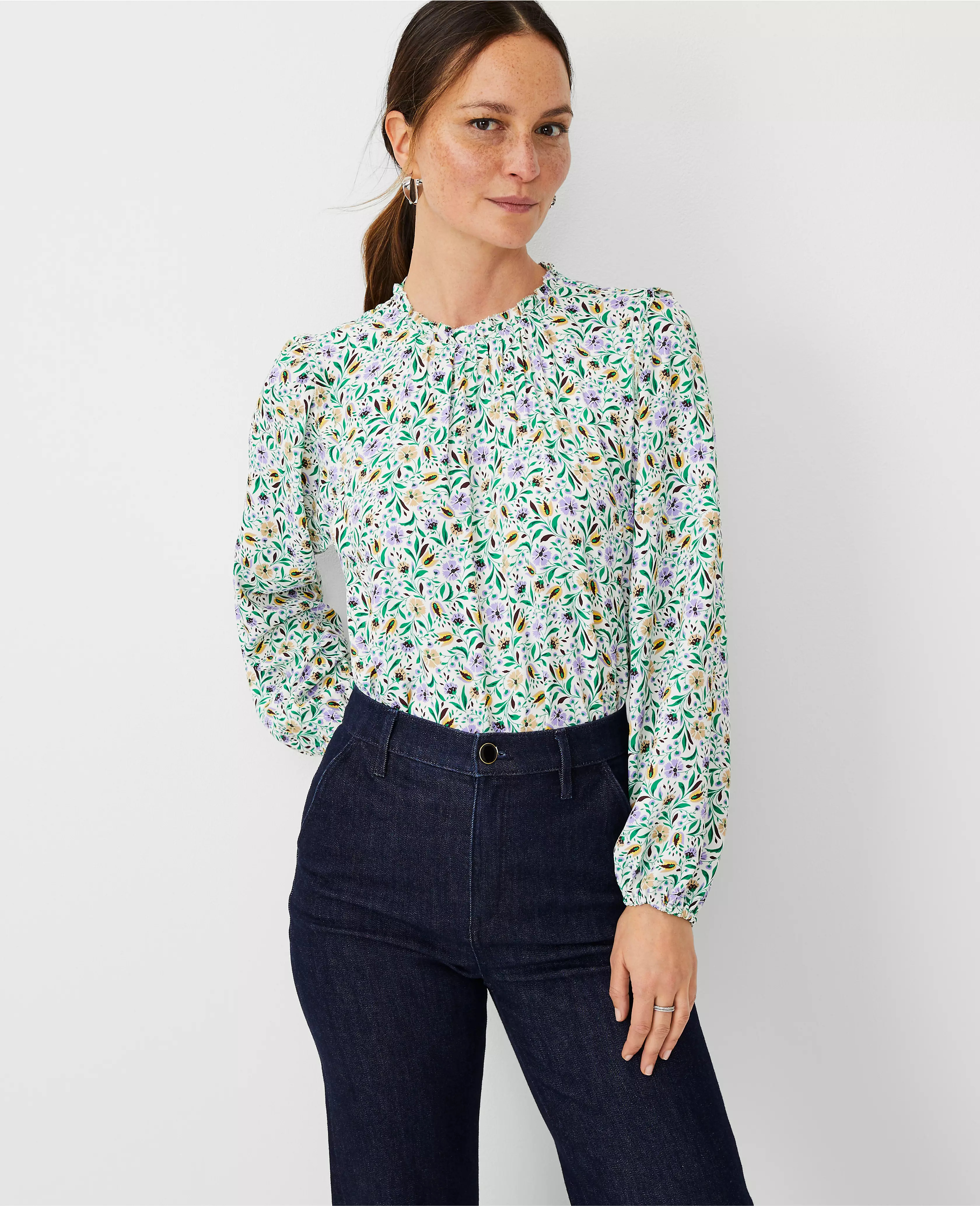 Petite Floral Mixed Media Ruffle Blouse | Ann Taylor (US)
