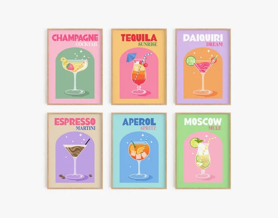 Cocktail Print Set of 6, Colorful Bar Cart Gallery Wall Set, DIGITAL DOWNLOAD, Retro Cocktail Pos... | Etsy (US)