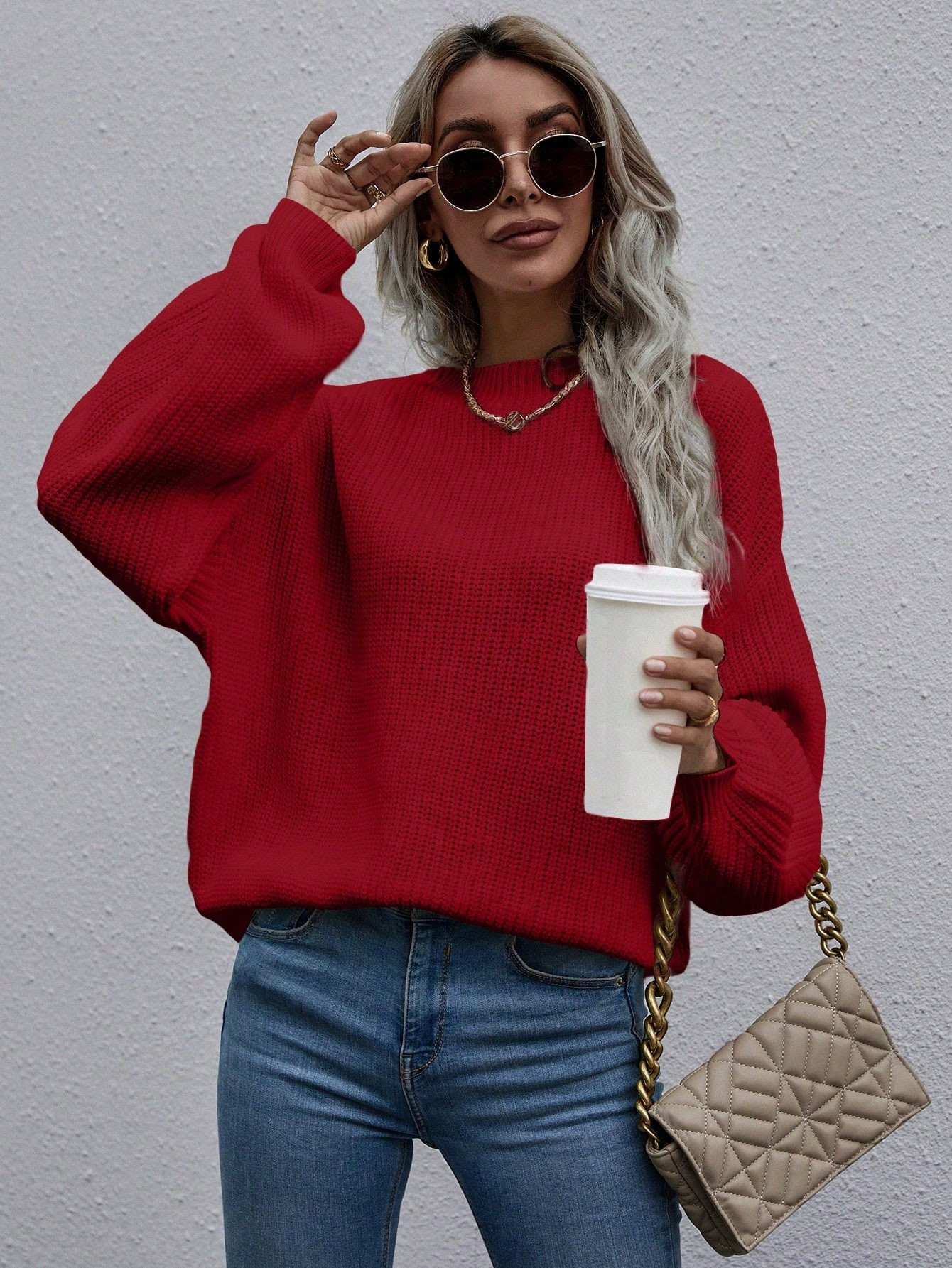 SHEIN LUNE Solid Drop Shoulder Ribbed Knit Sweater | SHEIN