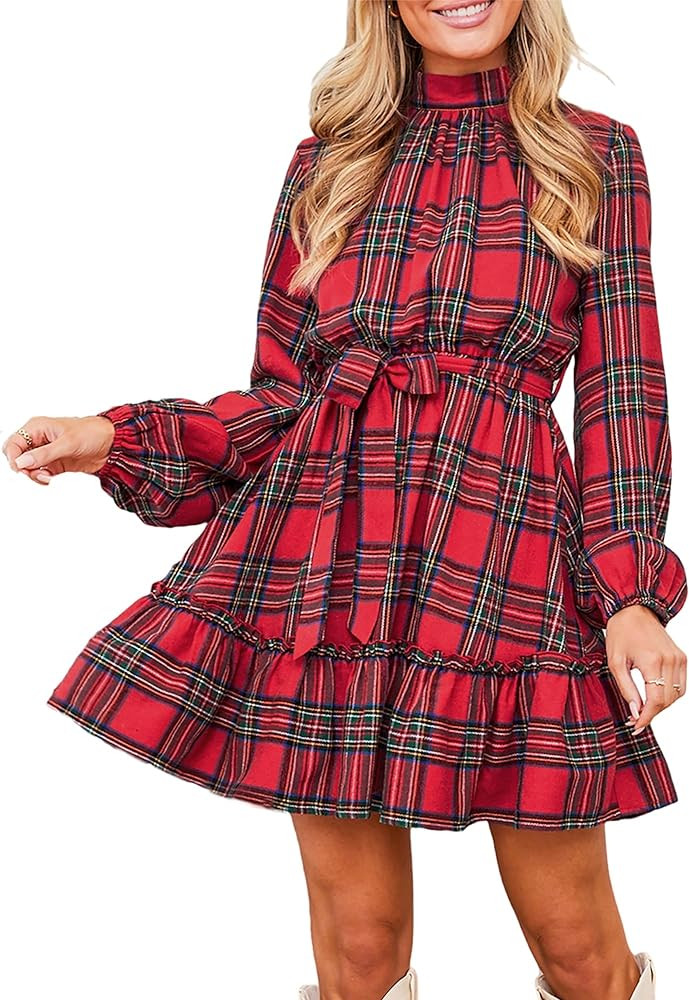 CUPSHE Ruffle Mini Fall Dress for Women Plaid Stand Collar Long Sleeve Back Tie Cutout Waist Lace... | Amazon (US)