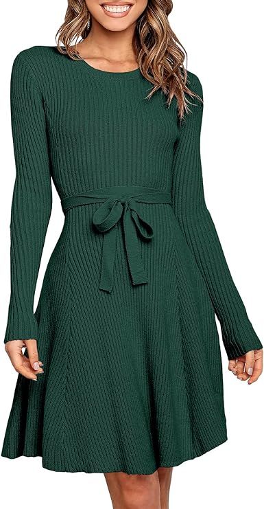 ANRABESS Women's Crewneck Long Sleeve Tie Waist A-Line Swing Bodycon Short Dress Casual Solid Rib... | Amazon (US)