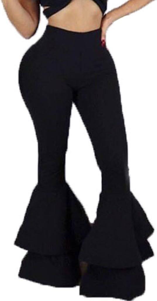 GUOLEZEEV Womens Elastic Waist Skinny Pencil Pants Ruffle Bottom Trousers | Amazon (US)