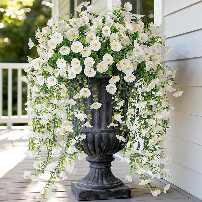 Artificial Hanging Petunias Flowers for Outdoor, 2pcs Fake Plants Long Vine Morning Glory Eucalyp... | Amazon (US)