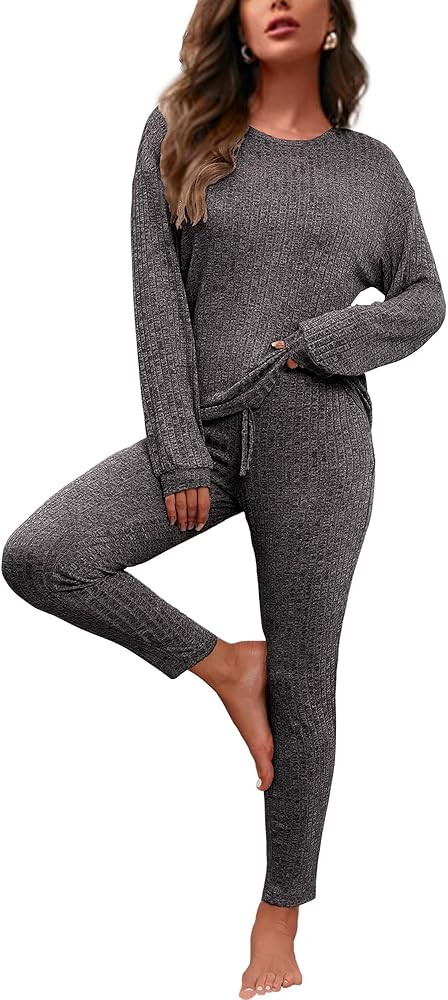 difficort Womens Pajama Sets Long Sleeve Pjs Soft Sleepwear Ribbed Knit Lounge Set with Pockets | Amazon (US)