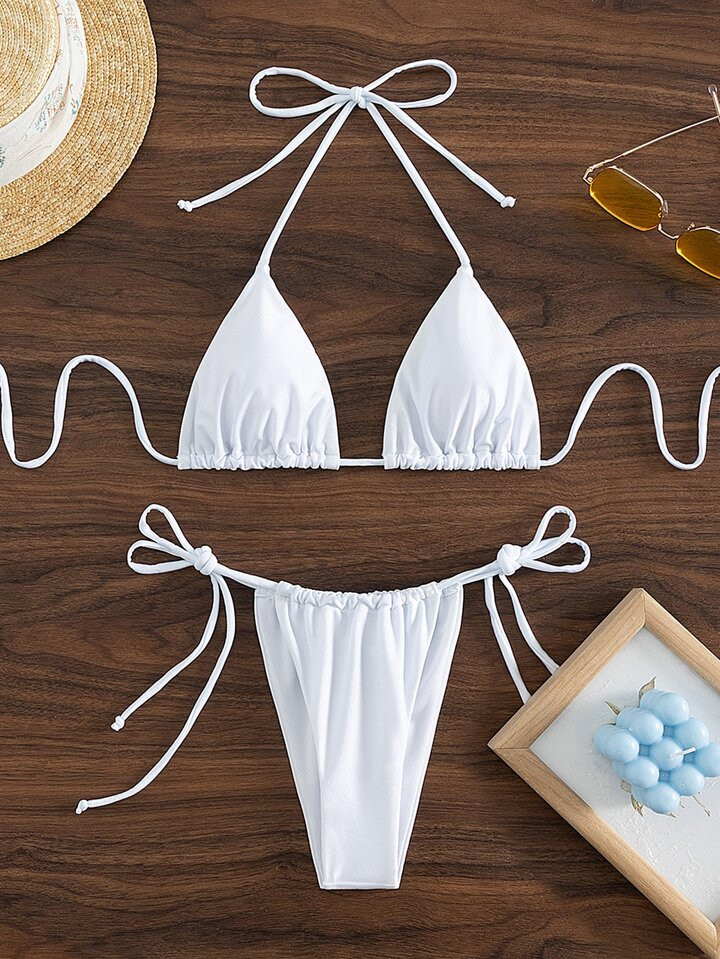 SHEIN Swim Ensemble bikini ras-du-cou triangle à nouettes latérales pour plage d'été | SHEIN
