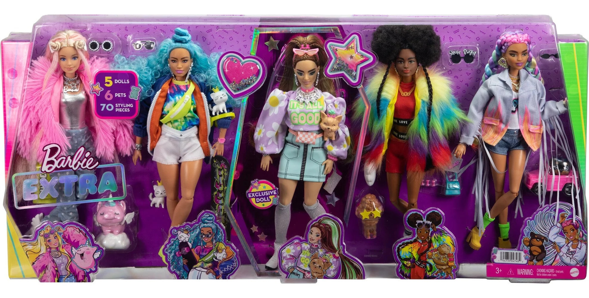 Barbie Extra 5-Doll Set with 6 Pets & 70 Styling Pieces for Kids 3 Years Old & Up - Walmart.com | Walmart (US)