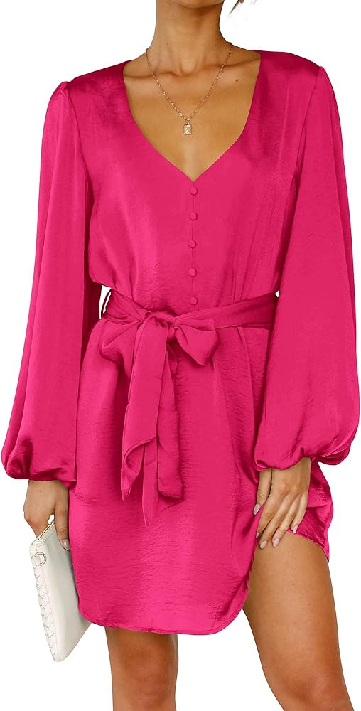 PRETTYGARDEN Women's Long Puff Sleeve Satin V Neck Cocktail Party Belted Short Formal Dresses | Amazon (US)