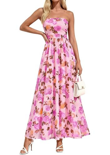 PRETTYGARDEN Women Strapless Maxi Dress 2026 Summer Floral Tube Top Ruched Beach Spring Wedding Guest Long Dresses (Floral Apricot Pink,Medium) | Amazon (US)