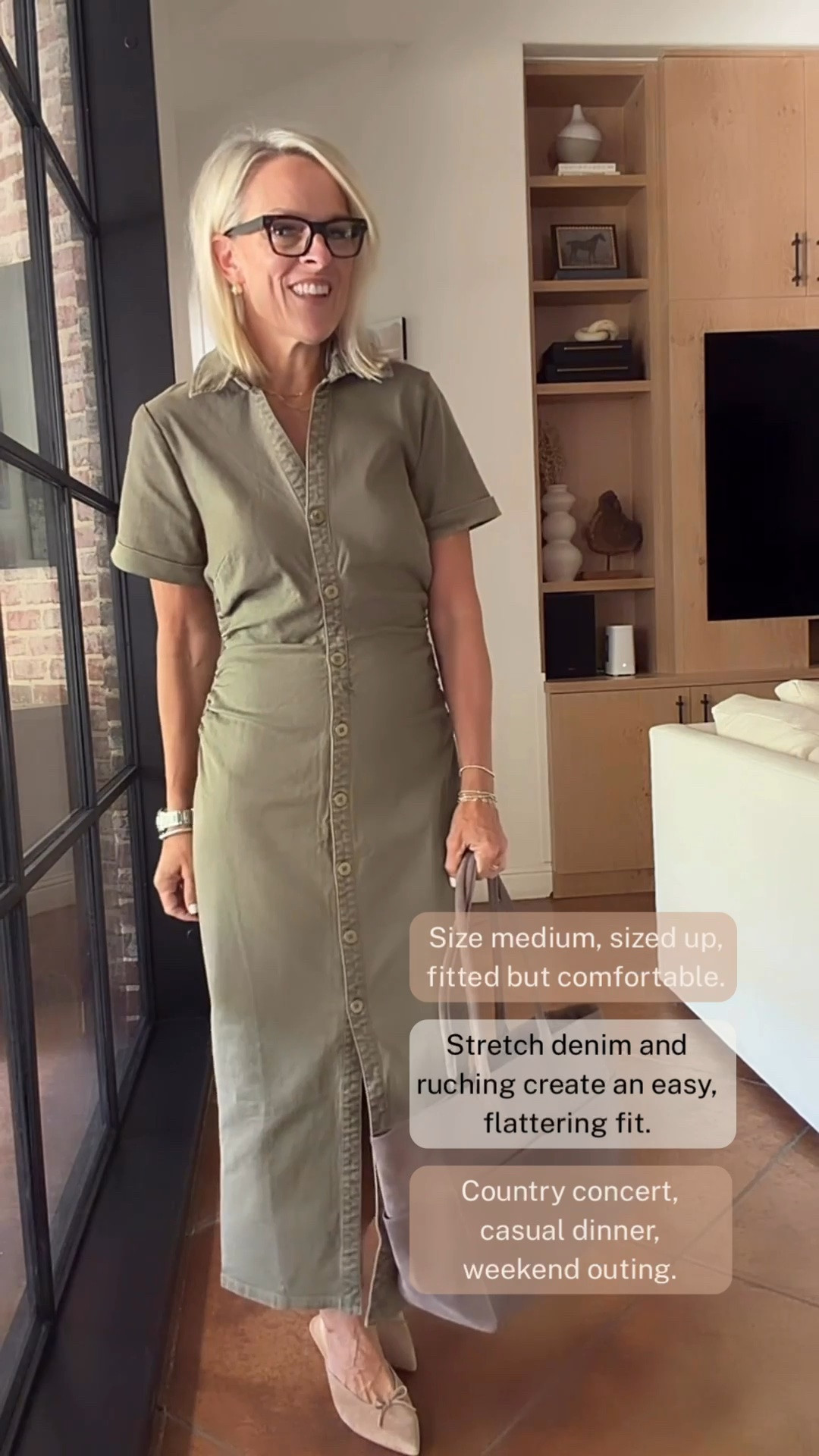 This army green denim dress is fitted but surprisingly comfortable, thanks to the stretch denim and ruching through the waist. I sized up to a medium for a little more ease while keeping the flattering shape. I love it with kitten heels for dinner, but cowboy boots would make it perfect for a country concert or weekend outing.

#LTKootd #LTKOver40 #LTKgrwm