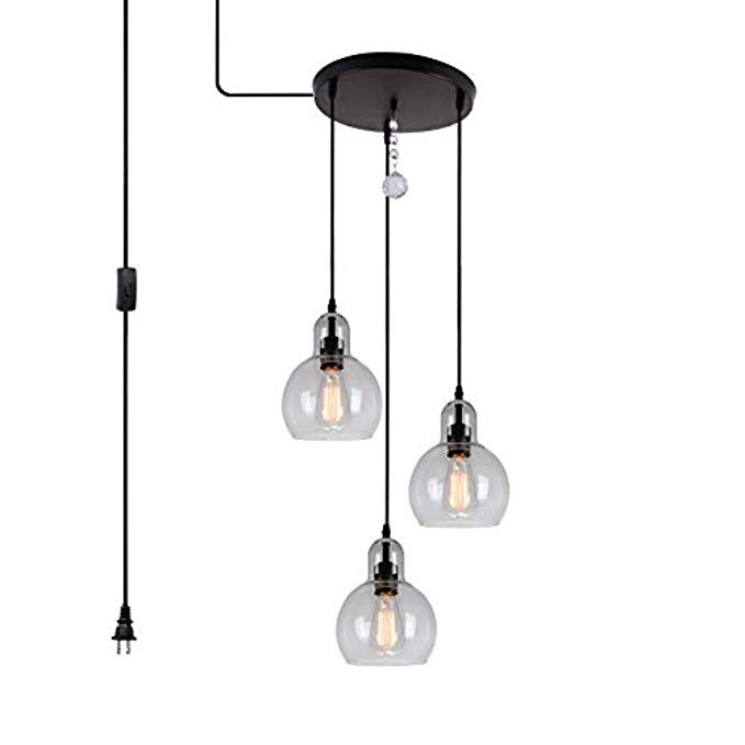 HMVPL 3-Lights Plug in Glass Chandelier Pendant Light with 16 Ft Hanging Cord and in-line on/Off Tog | Amazon (US)