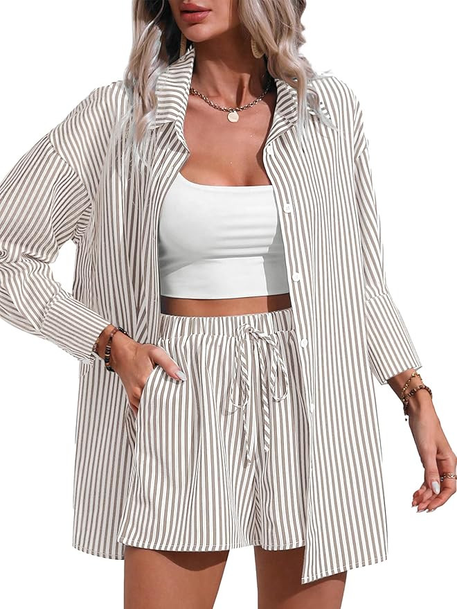 Women's 2 Piece Outfits Striped Button Down Long Sleeve Shirt Top and Drawstring Shorts Set | Amazon (US)