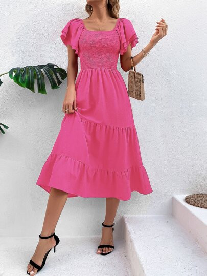 SHEIN VCAY Butterfly Sleeve Ruffle Hem Dress | SHEIN
