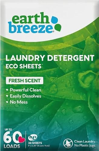Earth Breeze Laundry Detergent Sheets Fresh Scent - 60 Loads per package. Eco Liquidless Soap - Travel-Friendly for Hot & Cold Cycles, Tackles Tough Stains & Odors - Gentle on Skin, 30 sheets (3 Pack) | Amazon (US)