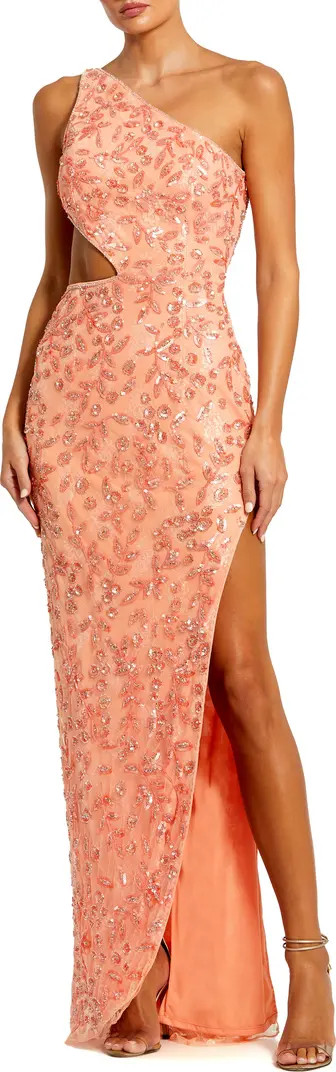 Hand-Embellished One-Shoulder Gown with Waist Cut-Out and Lace-Up Back | Nordstrom