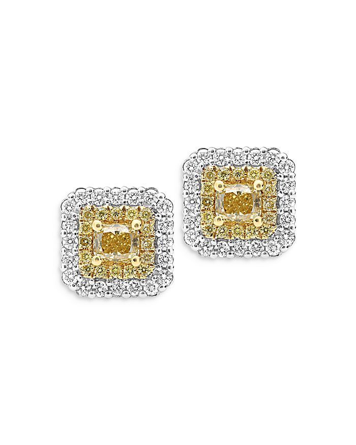 Bloomingdale's Yellow & White Diamond Halo Square Stud Earrings in 18K White & Yellow Gold - 100%... | Bloomingdale's (US)