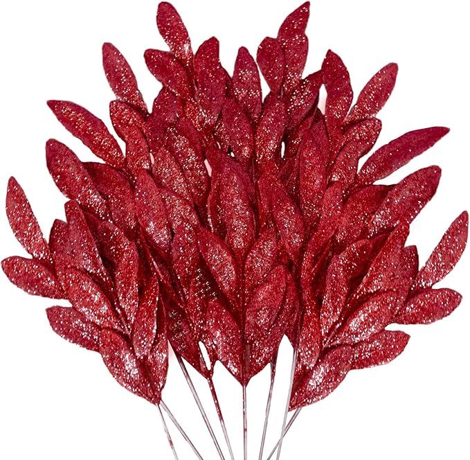 Ruidazon 24 Pcs Red Artificial Glitter Leaves, 13" Glittered Christmas Red Flowers Leaf Christmas... | Amazon (US)