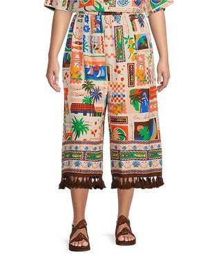 Sugarlips Plus Postcard Print Tassel Trimmed Cropped Coordinating Pants | Dillard's | Dillard's