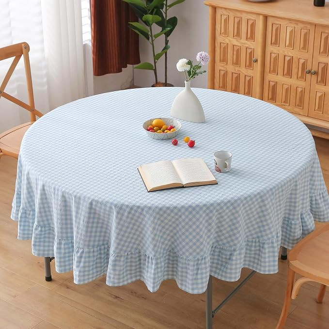 100% Cotton Light Blue White Plaid Gingham Ruffled Table Cloth Round Cover, Dia.70 in Farmhouse C... | Amazon (US)