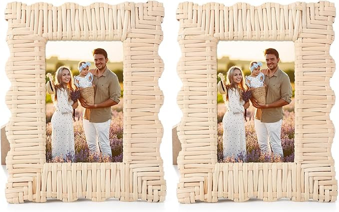 Lineshading 2 Pack Scalloped Woven Wicker Picture Frame 4 x 6 Inch Rattan Photo Frame for Wall Ta... | Amazon (US)