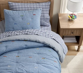 Chambray Embroidered Transportation Comforter &amp; Shams | Pottery Barn Kids