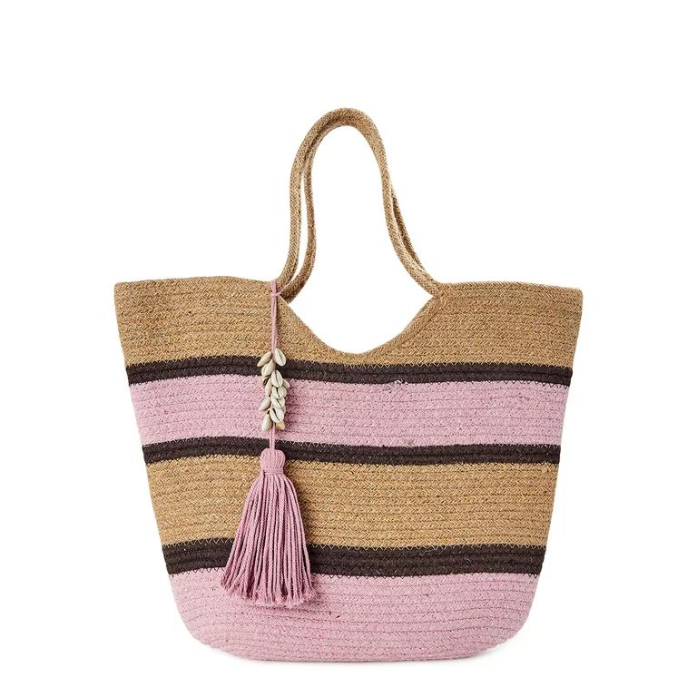 Twig & Arrow Women's Adule Jute Tote Bag with Seashells And Tassels Pink Stripe | Walmart (US)