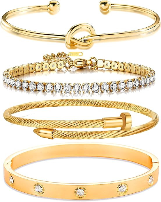 Lamdo 18K Nail Love Bangle Bracelet Set, Cubic Zircon Stacked Flexible Wide Wristband for Women -... | Amazon (US)