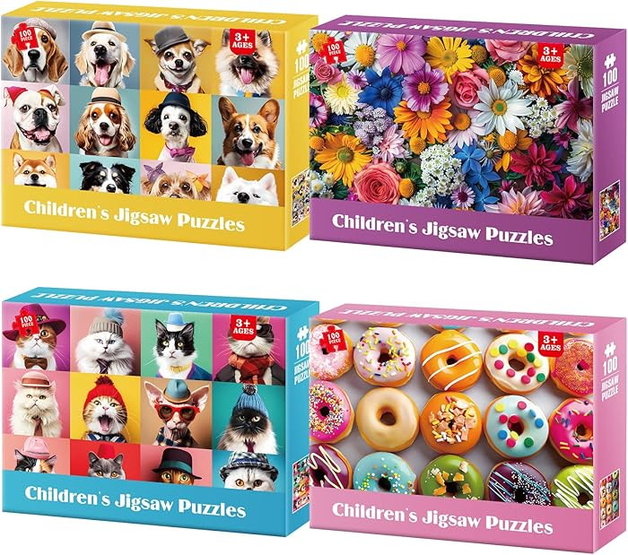 Rompecabezas de 100 piezas para niños de 4 a 8 años – Rompecabezas de perros, flores, donas y... | Amazon (US)