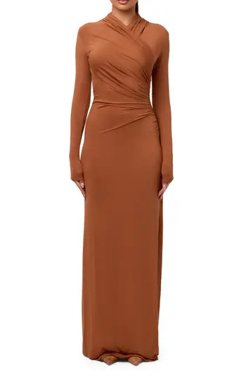 Naked Wardrobe Overlap Neck Long Sleeve Maxi Dress in Brown Sugar at Nordstrom Rack, Size X-Small | Nordstrom Rack