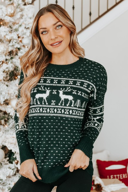 Prancer Reindeer Fair Isle Green Sweater | Magnolia Boutique
