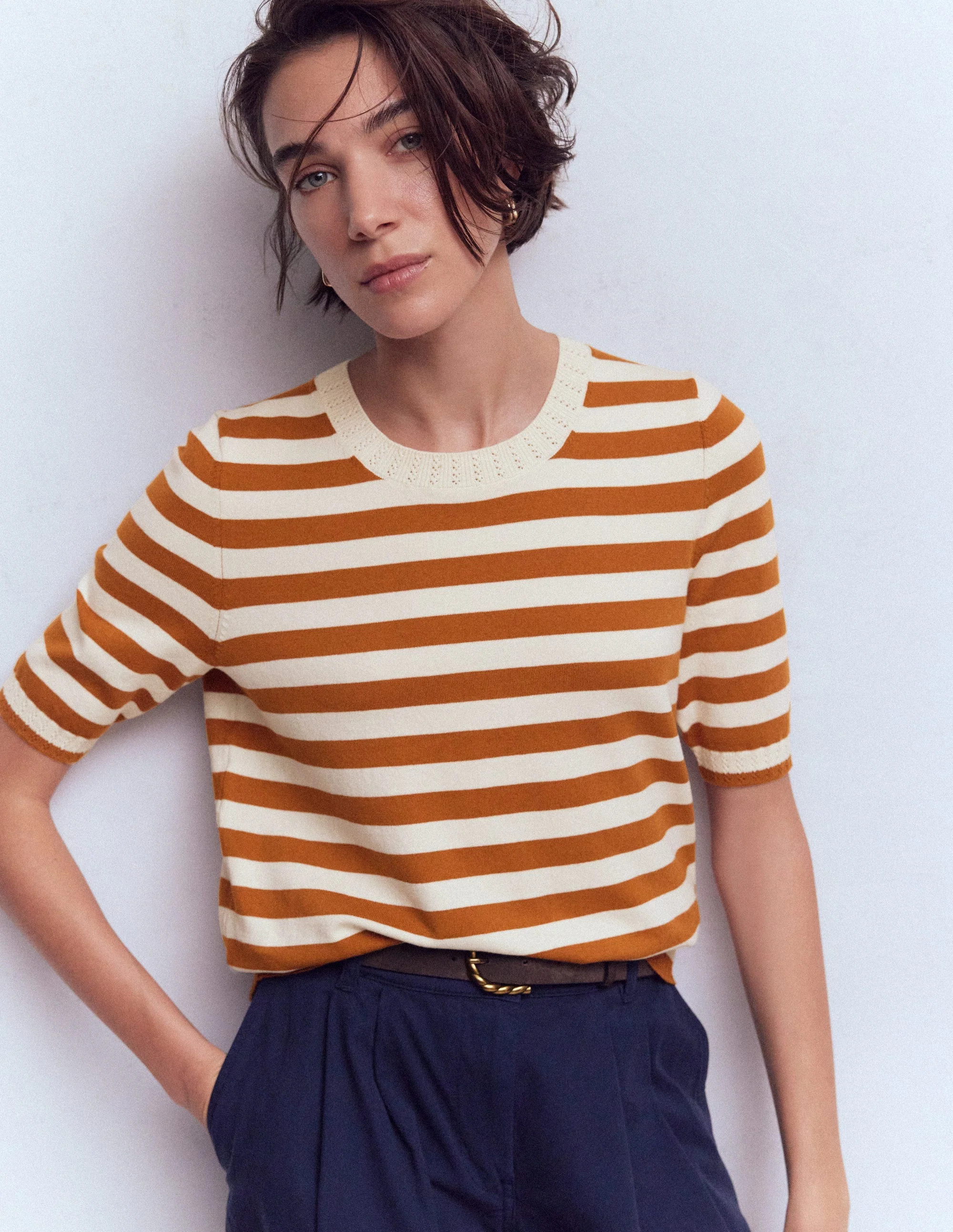Emilia Cotton Crew T-shirt-Cognac/ Warm Ivory | Boden (US)