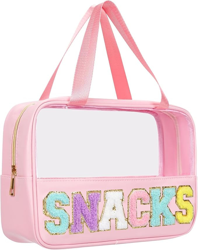 Chenille Letter Patch Clear Travel Bags, Preppy PVC&Nylon Makeup Bag with Handle and Zipper, Wate... | Amazon (US)