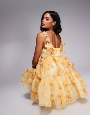 River Island 3d floral trim dress in yellow | ASOS (Global)