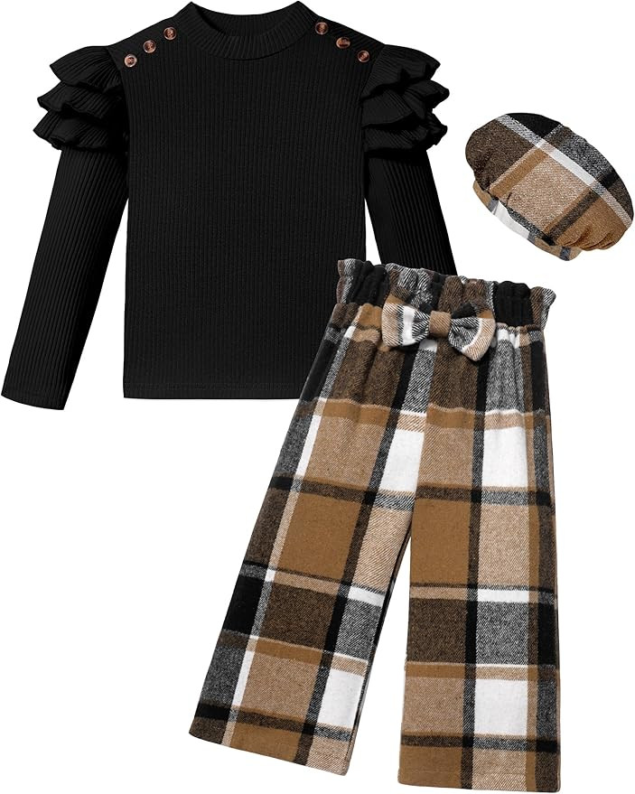 MIGU Girls Clothes Fashion Long-Sleeved Tops Plaid Trousers Loose Straight Leg Pants Plaid Hat Gi... | Amazon (US)
