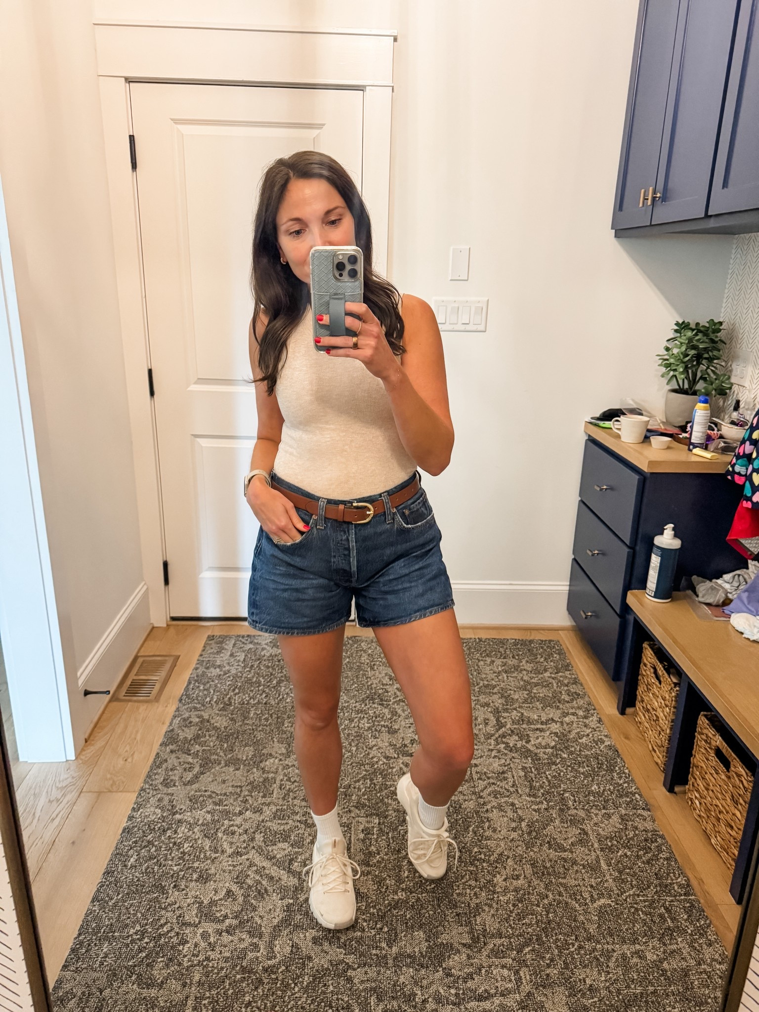 Today’s work from home outfit. My go-to denim shorts paired with a comfy tank from Evereve! Wearing shoes so I can hop on my walking pad while working. 

#LTKActive #LTKSeasonal