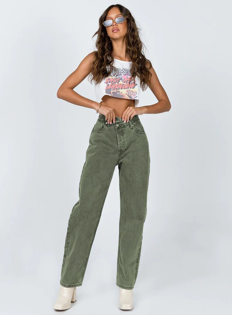 Holly Asymmetric Straight Leg Jean Green Denim | Princess Polly US