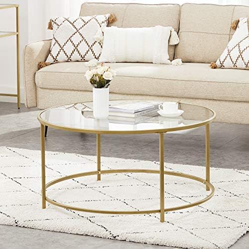 VASAGLE Round Coffee Table, Glass Table with Golden Steel Frame, Living Room Table, Sofa Table, Robu | Amazon (US)