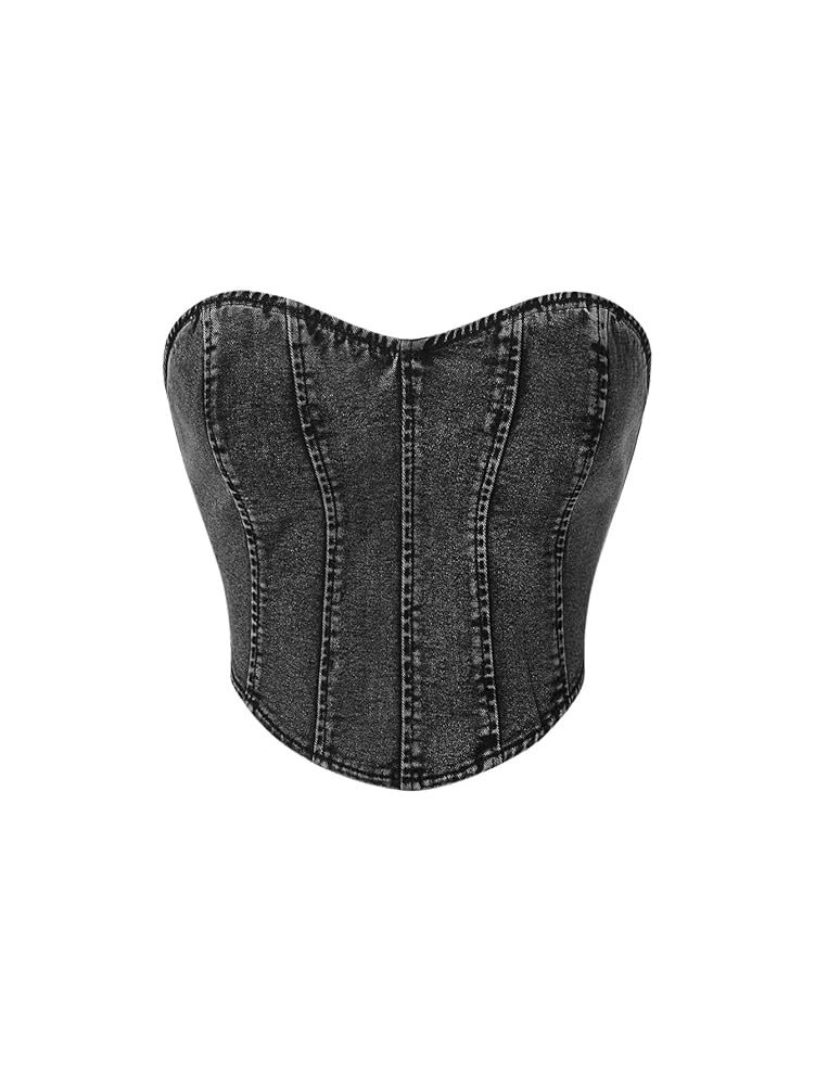 Floerns Women's Solid Strapless Bandeau Asymmetrical Hem Denim Crop Tube Top | Amazon (US)