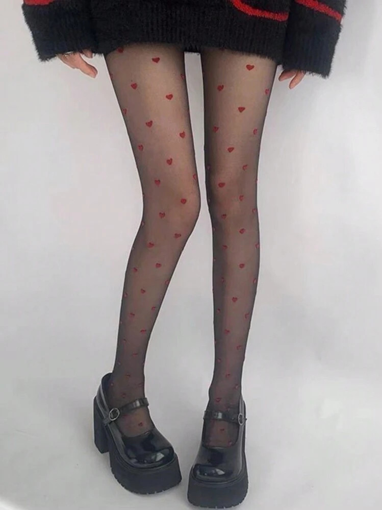 Plus Size 1pc Red Heart Pattern Ladies' Sexy Fishnet Stockings Valentines | SHEIN