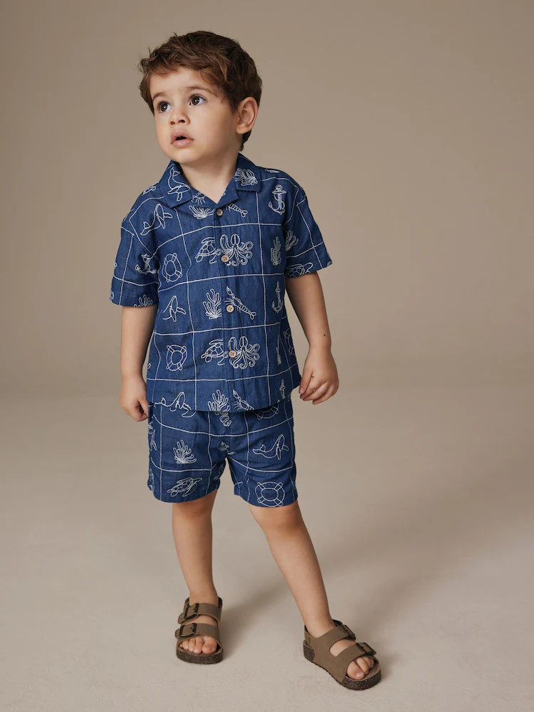 Blue Denim Sea Life Embroidery Short Sleeve Revere Collar Shirt & Shorts Set (3mths-10yrs) | Next US