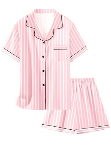 Women Silk Pajamas Sets Satin Button Up Pajama Silky Summer Sleepwear Pjs Set, Pink Stripe, X-Small | Amazon (US)