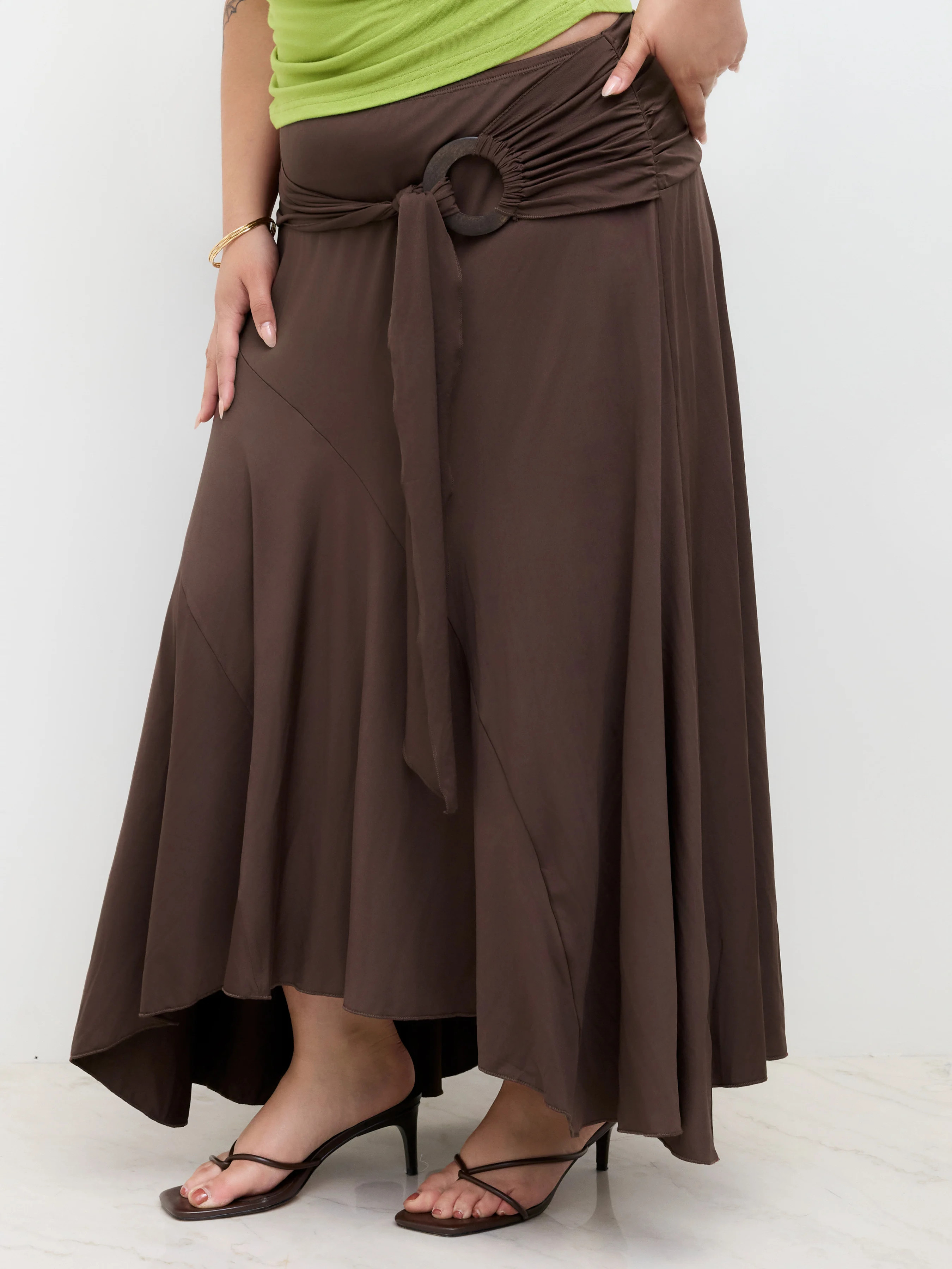 Knit Fabric Mid Rise Ruffle Hem Ruched Maxi Skirt Curve & Plus For Daily Casual | Cider