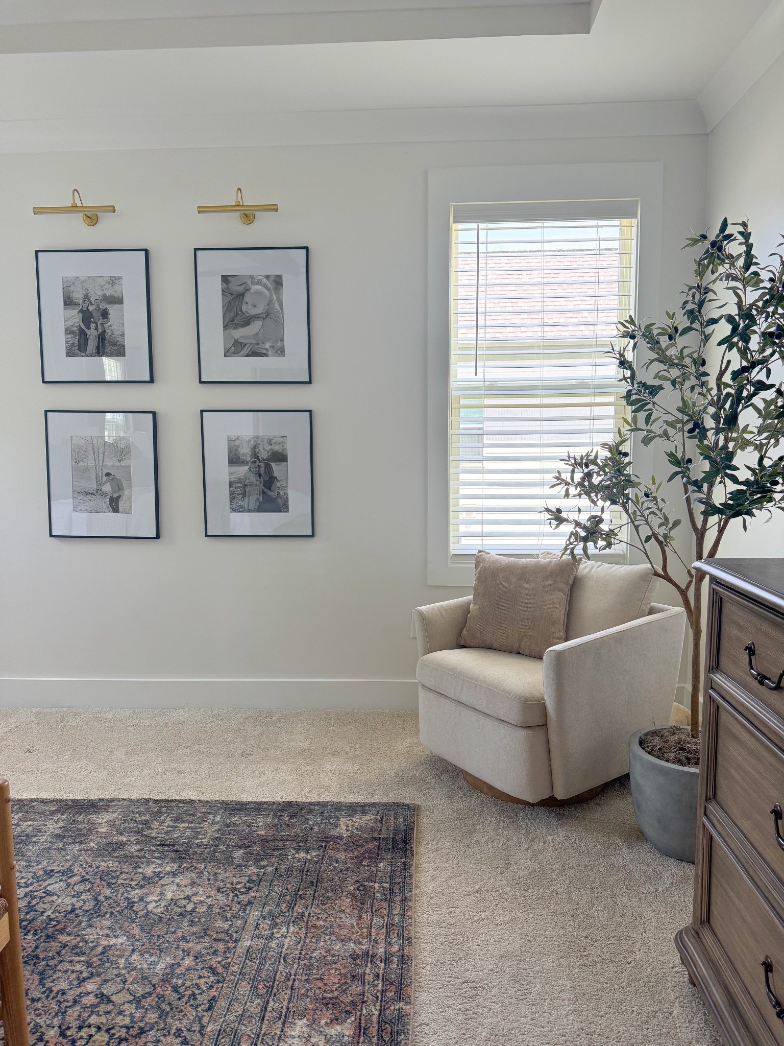 Bedroom corner, gallery wall, gallery frames, bedroom gallery wall, square gallery wall, target frames, Walmart frames, affordable
Frames, cozy corner, corner chair, affordable chair, accent chair, neutral chair, faux Olive tree, affordable olive tree, tree in bedroom, planter, concrete planter, bedroom rug