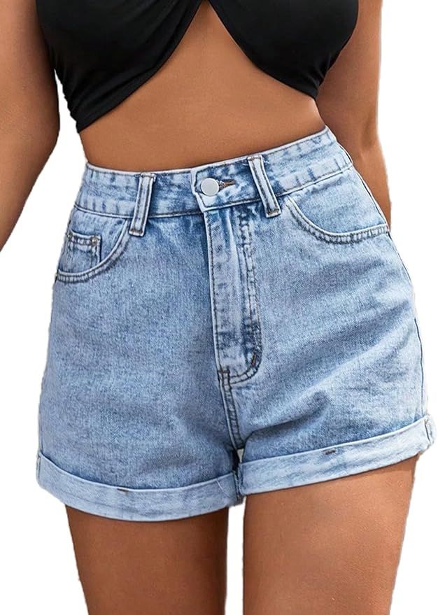 MakeMeChic Women's Casual Roll Up Hem Jean Shorts Straight Leg High Waist Zipper Denim Shorts | Amazon (US)
