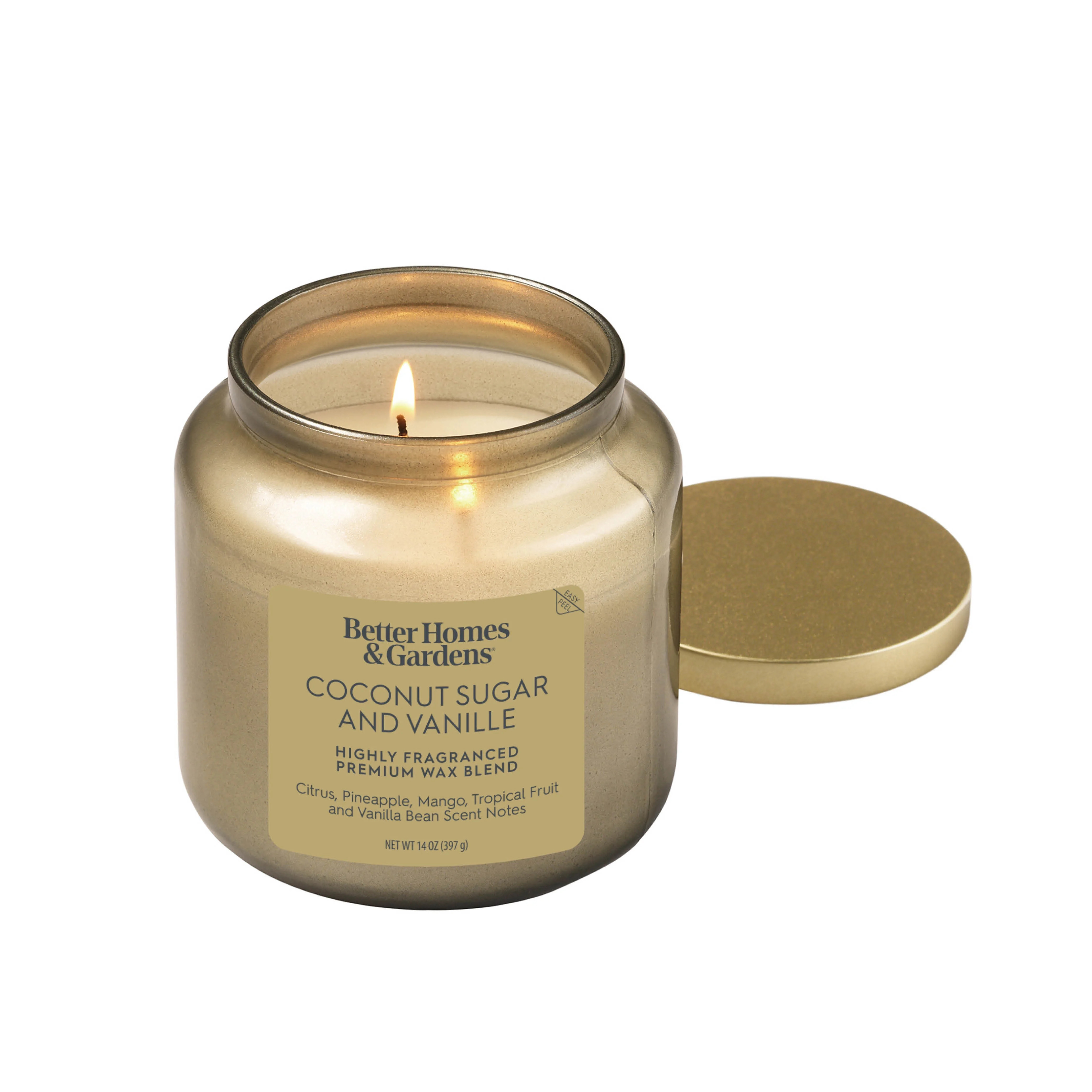 Better Homes & Gardens 2-Wick Gold Glass Jar Candle with Gold Lid, Coconut Sugar & Vanille, 14oz. | Walmart (US)