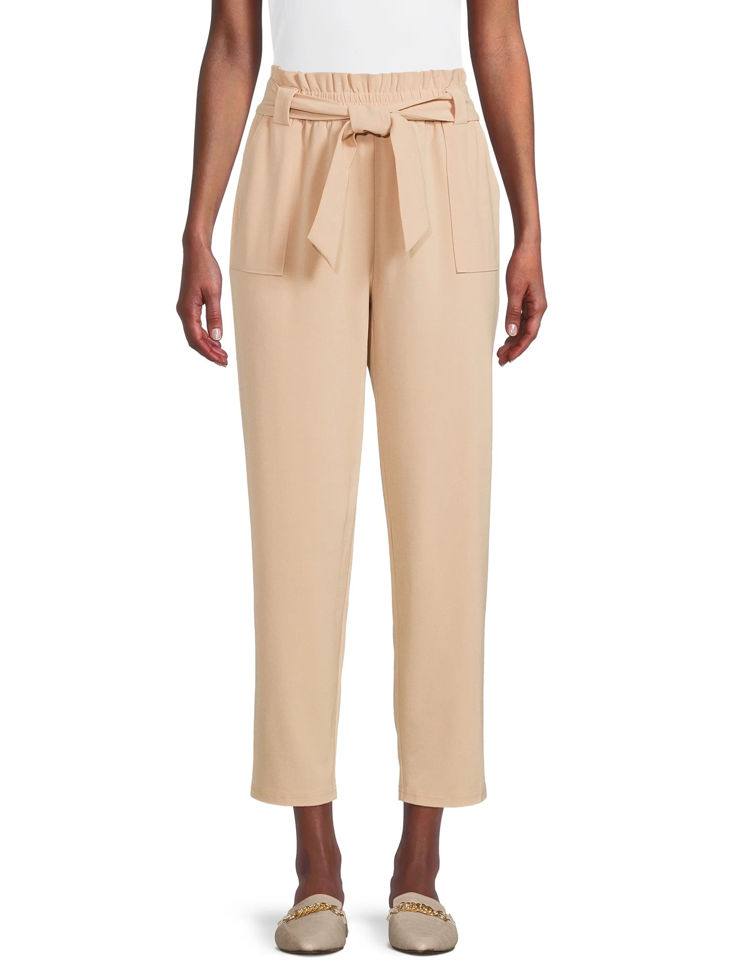 Nine.Eight Women’s Cropped Paper Bag Waist Pants - Walmart.com | Walmart (US)