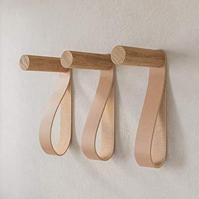 Wall Hooks, Natural Wooden Coat Hooks Wall Mounted with Leather (3pcs), Vintage Wall Hook, Entryw... | Amazon (US)
