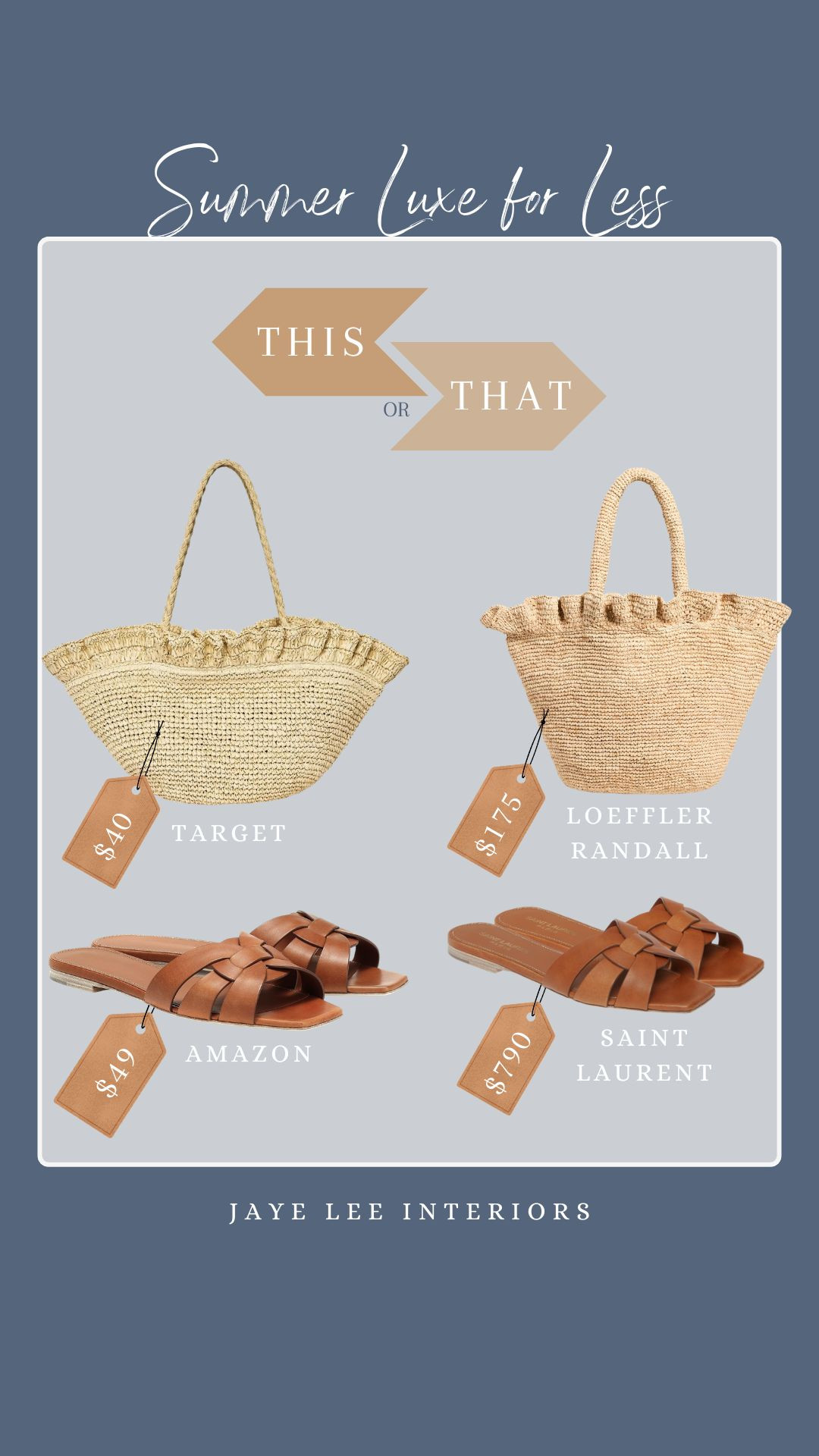 Luxe for Less; The Summer Accessory Edit... 

Love this ruffle straw tote and classic leather sandal for summer. But, I especially love the nearly identical looks for less from Amazon and Target! 
#summersandals #beachbag #strawtote #ruffletoptote #LoefflerRandall #SaintLaurent #Targetstyle #amazonfinds #fashiondupes #shoedupes #designerdupes #summerstyling #beachvacationoutfit #summeraccessories #jleeinteriors 

 #LTKSeasonal #LTKOver40 #LTKSaleAlert