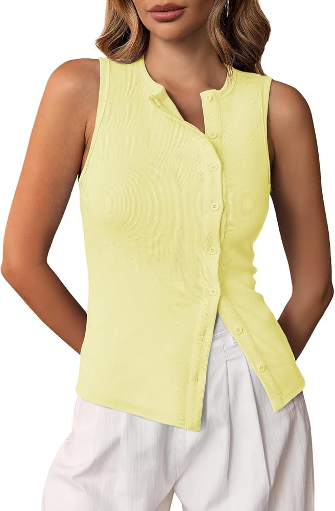 Cicy Bell Womens Button Down Tank Tops Summer Sleeveless Vest Tops Trendy Ribbed Fitted Going Out... | Amazon (US)