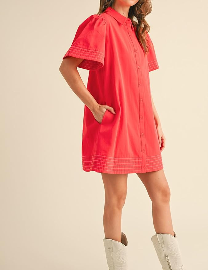 Womens Short Sleeve Button Down Mini Shirt Dress Lapel Collar Short Dresses with Pocket | Amazon (US)