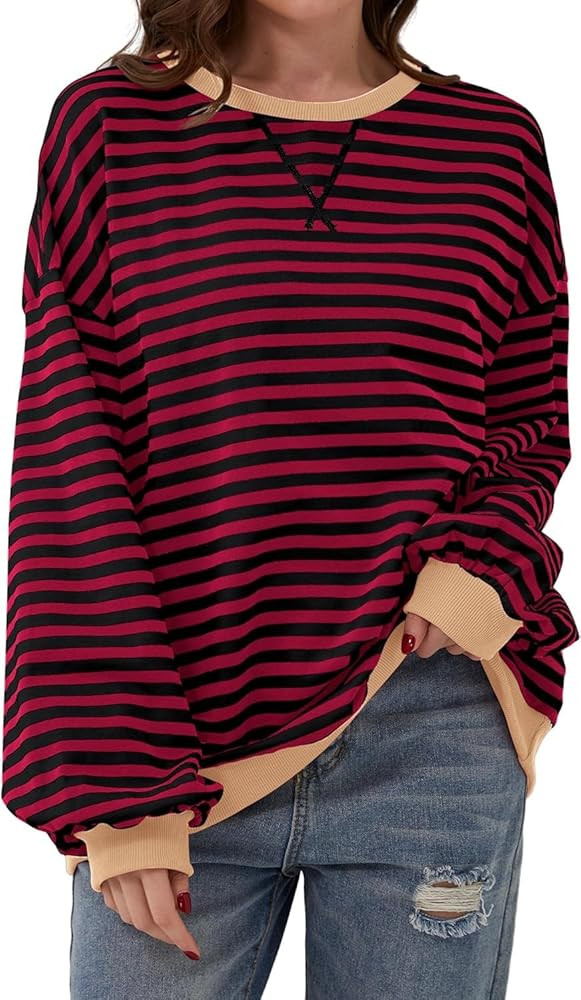 Womens Oversized Striped Sweatshirt Color Block Long Sleeve Shirt Crewneck Pullover Striped Sweat... | Amazon (US)